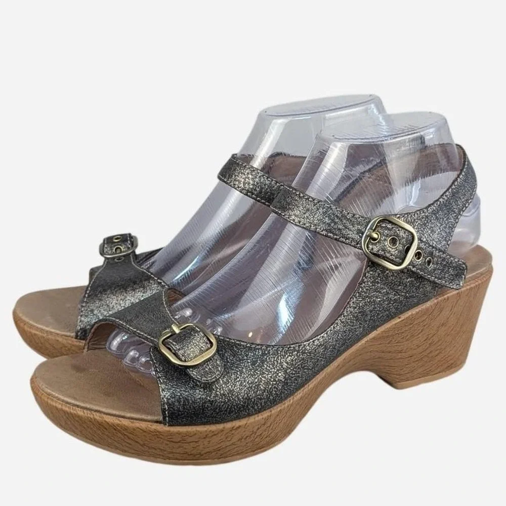 Dansko Joanie Pewter Metallic Leather Platform Sandals Size 9.5-10